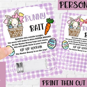 May include: Easter-themed Bunny Bait printable design. The design features a cartoon bunny in a basket, a carrot, and Easter eggs, with text that reads "BUNNY BAIT". The design is on a purple and white gingham background.