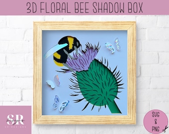 SVG: 3D thistle shadow box. Digital download. Paper cutting. Layered card craft. bee svg. Floral shadowbox svg. bee shadow box svg.