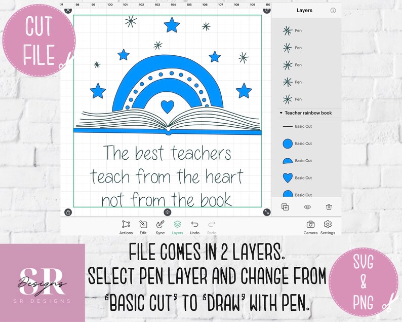 May include: Digital design with a blue rainbow, stars, and an open book with a heart. The text says, "The best teachers teach from the heart not from the book." Includes instructions for use and file type information.