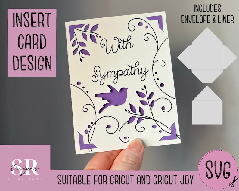 May include: A white card with a black floral design and a purple bird. The card says "With Sympathy". The card is suitable for Cricut and Cricut Joy.