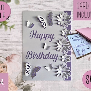 SVG: 3D/ ‘pop up’ Flower Birthday card digital download. Happy birthday. Pop up card. Pop up flowers. 3D butterfly.