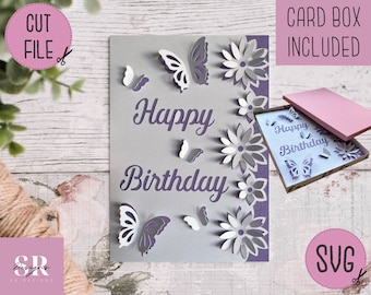 SVG: 3D/ ‘pop up’ Flower Birthday card digital download. Happy birthday. Pop up card. Pop up flowers. 3D butterfly.