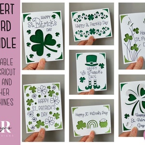 May include: A set of six printable St. Patrick's Day card designs featuring shamrocks, leprechauns, rainbows, and the text "Happy St. Patrick's Day".