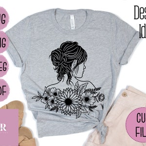 Woman SVG. Woman cut file. Woman sillouhette SVG. Messy bun SVG. Floral woman cut file. Vinyl cutting. T-shirt print.