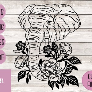 Puede incluir: Ilustración en blanco y negro de línea de arte de la cabeza de un elefante con flores y hojas. La trompa del elefante está enroscada y las flores están en flor.