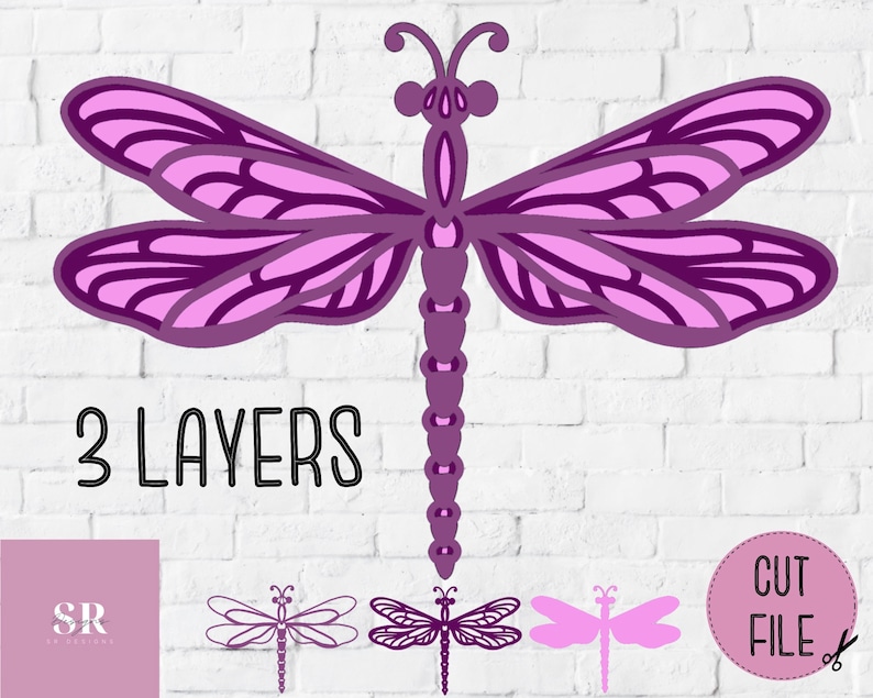 May include: A three-layer purple dragonfly cut file for crafting. The dragonfly has intricate details and is perfect for paper crafts, card making, and scrapbooking.