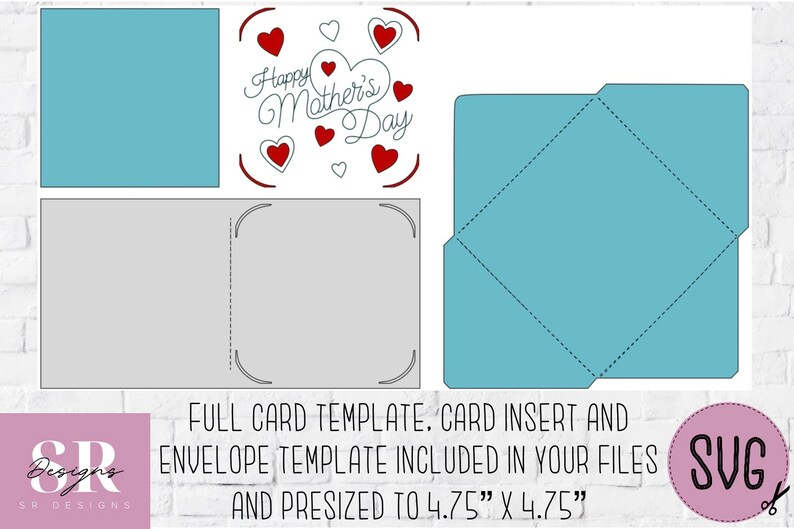 May include: A digital template for a card, envelope, and insert. The card features a light gray background with a white outline of a heart and the text "Happy Mother's Day". The envelope is light blue with a white outline of a diamond shape. The insert is a light gray square with a white outline. The template is sized to 4.75 inches by 4.75 inches.