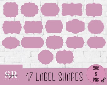May include: 17 different label shapes in a light purple color. The shapes are displayed on a white brick background. The text "17 LABEL SHAPES" is at the bottom of the image. The text "SVG & PNG" is in a circle at the bottom right of the image.