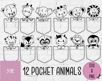 May include: A set of 12 black and white pocket animal illustrations. Each animal is peeking out of a pocket. The animals include a bear, giraffe, elephant, cat, koala, lion, tiger, raccoon, panda, cow, monkey, and penguin. The text "12 Pocket Animals" is at the bottom of the image.  SVG & PNG.