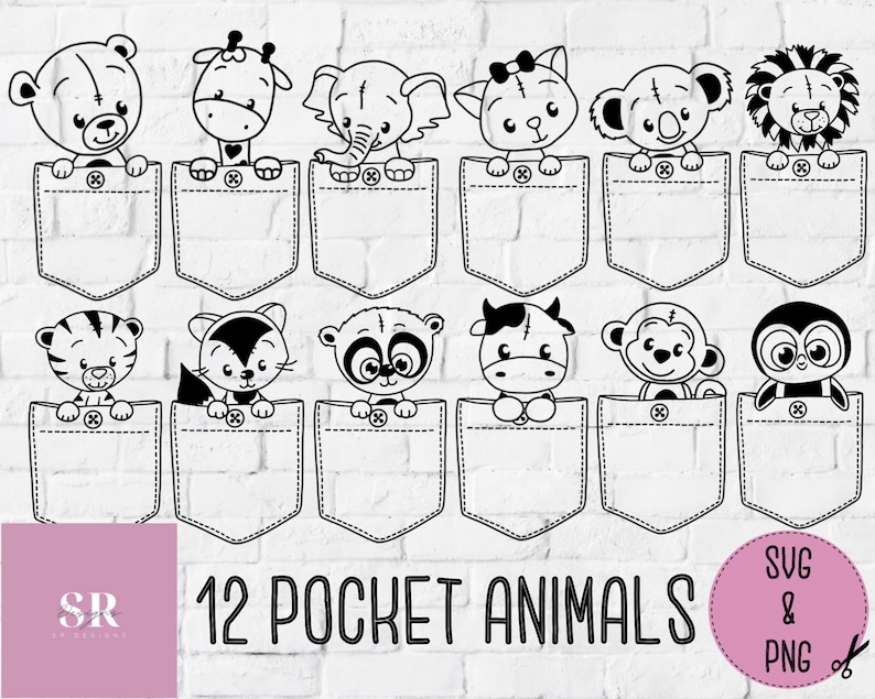 May include: A set of 12 black and white pocket animal illustrations. Each animal is peeking out of a pocket. The animals include a bear, giraffe, elephant, cat, koala, lion, tiger, raccoon, panda, cow, monkey, and penguin. The text "12 Pocket Animals" is at the bottom of the image.  SVG & PNG.