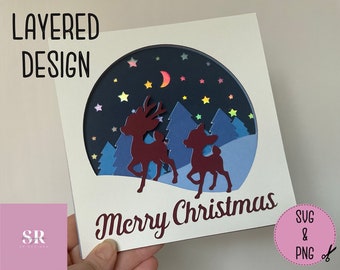 SVG: Layered Christmas scene cut file. Shadow box.3D Christmas svg. Christmas scene svg. Layered christmas svg. 3d Christmas card. SVG. PNG.