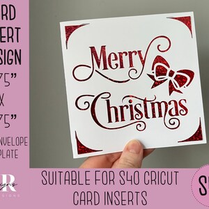 May include: Red glitter card insert design for a Cricut machine, measuring 4.75 inches by 4.75 inches. The design features the text "Merry Christmas" with a decorative bow.