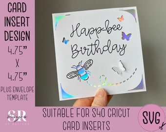 SVG: Bee Birthday insert card. Cricut S40 insert card. Bee card svg. Square birthday card. Happbee Birthday card template and envelope.