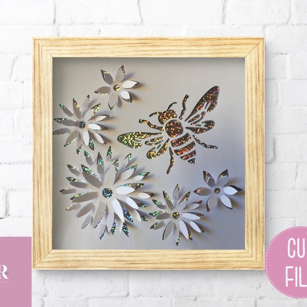 SVG: 3D Floral bee sillouhette. Card cutting file. Suitable for deep box frame. Pop up svg. 3d bee svg.