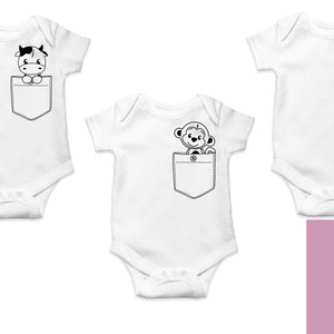 May include: Three white baby onesies with different animal designs in the pocket. The onesies have short sleeves and popper fastenings. The animals are a cow, a monkey, and a penguin.