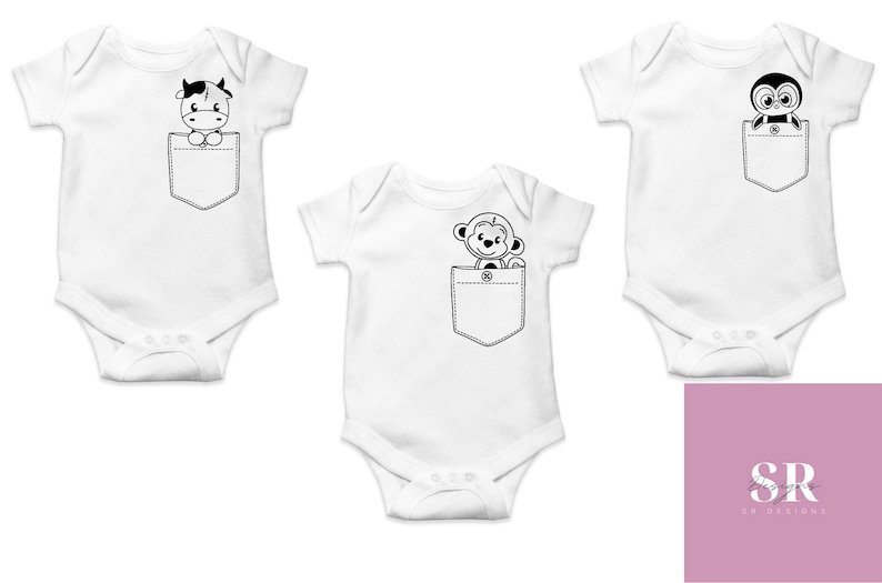 May include: Three white baby onesies with different animal designs in the pocket. The onesies have short sleeves and popper fastenings. The animals are a cow, a monkey, and a penguin.