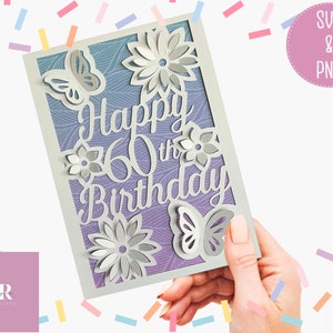 SVG: ‘pop up’/ 3D Happy 60th Birthday card. Birthday card svg. Pop up flowers. Pop up butterfly. Pop up SVG. 3D card svg. Cricut card
