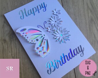 SVG: 3D/ ‘pop up’ Butterfly Birthday card digital download. Happy birthday. Pop up card. Pop up flowers. Butterfly card. SVG/PNG.
