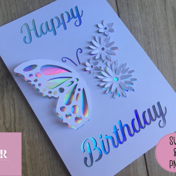 SVG : carte d'anniversaire papillon 3D/ « pop up » en téléchargement numérique. Joyeux anniversaire. Carte pop-up. Faites éclater des fleurs. Carte papillon. SVG/PNG.