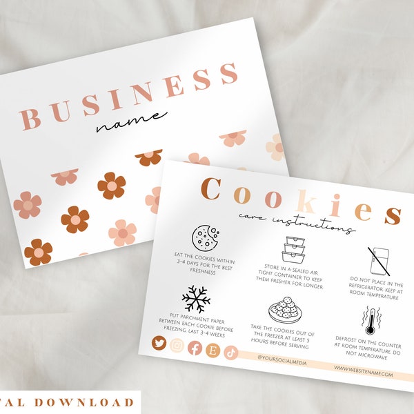 Cookie bakery care instruction card, printable wedding cookies care guide, white birthday cookies care card, bakery care card BB4
