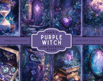 May include: A collage of digital art featuring a purple witch theme. The images include an hourglass, a door, a woman with a heart-shaped pendant, a full moon, a treasure chest, an owl, books, and a mirror. Text on the image reads "Purple Witch Junk Journal Pages".