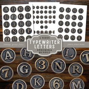 May include: A collection of vintage-style typewriter letters in various sizes. The image features individual letters and numbers, along with printed sheets of alphabet letters. The letters are metallic with a dark background, and the image includes the text "TYPEWRITER LETTERS EPHEMERA BUNDLE."