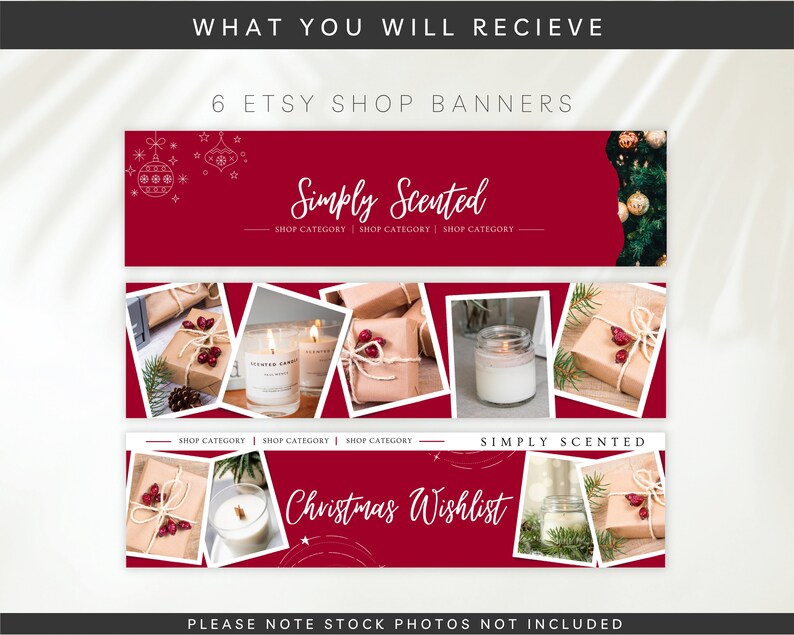May include: Six red and white Etsy shop banners with a Christmas theme. The banners feature a variety of images, including candles, gift boxes, and Christmas ornaments. The text on the banners reads "Simply Scented" and "Christmas Wishlist".