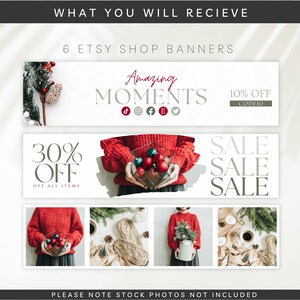 May include: Six Etsy shop banners with a winter holiday theme. The banners feature a red sweater, a pine branch, and a glass ornament. The text on the banners includes "Amazing Moments", "30% Off", "Sale", and "10% Off Codeio".