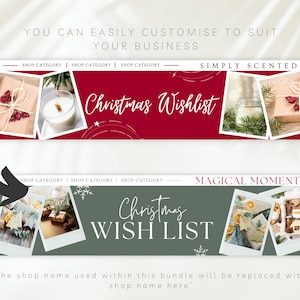 May include: Two Christmas wish list banner designs. The top banner is red with white text and stars. The bottom banner is green with white text and snowflakes. Both banners feature images of gifts, candles, and other Christmas decorations.