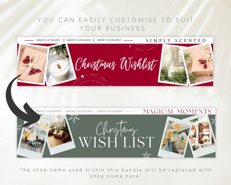 May include: Two Christmas wish list banner designs. The top banner is red with white text and stars. The bottom banner is green with white text and snowflakes. Both banners feature images of gifts, candles, and other Christmas decorations.