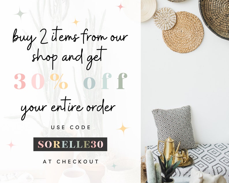 May include: A white background with a graphic that says "buy 2 items from our shop and get 30% off your entire order. Use code SORELLE30 at checkout".