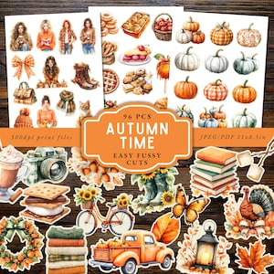 May include: A collection of 96 autumn-themed stickers with watercolor illustrations. The stickers include pumpkins, fall treats, fashion illustrations, and seasonal objects. The text on the image reads "Autumn Time" and "Easy Fussy Cuts."