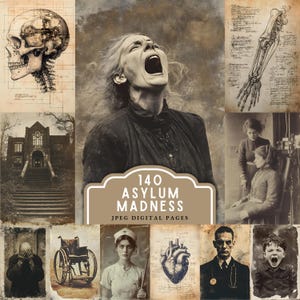 May include: A digital collage of 140 sepia-toned images featuring a screaming person, a skull with mechanical gears, an anatomical arm sketch, a large building, a wheelchair, a nurse, a heart diagram, a doctor, and a child with text 140 ASYLUM MADNESS.