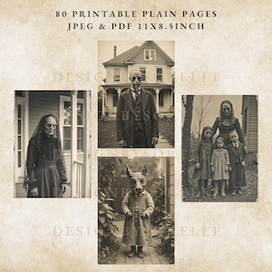 Puede incluir: P&aacute;ginas imprimibles en tonos sepia con im&aacute;genes vintage de Halloween. Las im&aacute;genes incluyen una persona con m&aacute;scara de gas, una persona con m&aacute;scara de perro y una familia con maquillaje de calavera. El texto dice "80 Printable Plain Pages JPEG & PDF 27,94x21,59 cm."