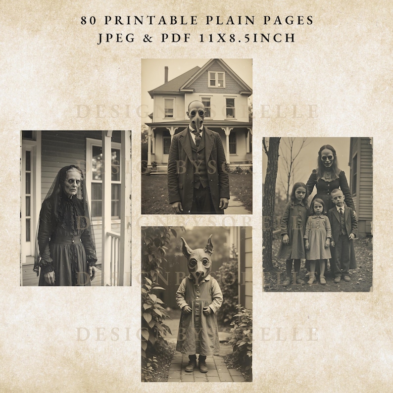 Puede incluir: P&aacute;ginas imprimibles en tonos sepia con im&aacute;genes vintage de Halloween. Las im&aacute;genes incluyen una persona con m&aacute;scara de gas, una persona con m&aacute;scara de perro y una familia con maquillaje de calavera. El texto dice "80 Printable Plain Pages JPEG & PDF 27,94x21,59 cm."