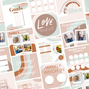 May include: A collection of digital planner pages with a pastel color scheme. The pages include sections for goals, food logs, weekly weigh-ins, and transformation tracking. The text includes "Goals", "Love Yourself", and "Good Vibes".