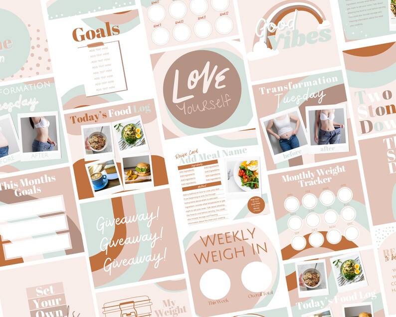 May include: A collection of digital planner pages with a pastel color scheme. The pages include sections for goals, food logs, weekly weigh-ins, and transformation tracking. The text includes "Goals", "Love Yourself", and "Good Vibes".