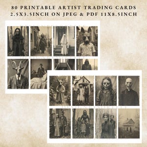 Puede incluir: Tarjetas de intercambio de artistas imprimibles con im&aacute;genes vintage en tonos sepia de figuras espeluznantes. Las tarjetas miden 2,5 x 3,5 pulgadas. El texto en la parte superior dice "80 PRINTABLE ARTIST TRADING CARDS 2.5X3.5INCH ON JPEG & PDF 11X8.5INCH."