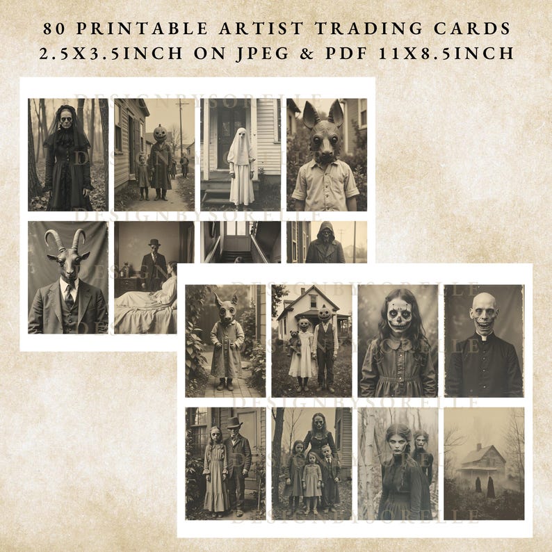 Puede incluir: Tarjetas de intercambio de artistas imprimibles con im&aacute;genes vintage en tonos sepia de figuras espeluznantes. Las tarjetas miden 2,5 x 3,5 pulgadas. El texto en la parte superior dice "80 PRINTABLE ARTIST TRADING CARDS 2.5X3.5INCH ON JPEG & PDF 11X8.5INCH."
