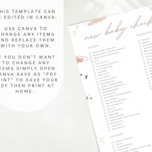 May include: A printable checklist for new parents with a pink and white color scheme. The checklist includes items for the nursery, feeding and nursing, diapering, and baby equipment. The text on the checklist says "new baby checklist".