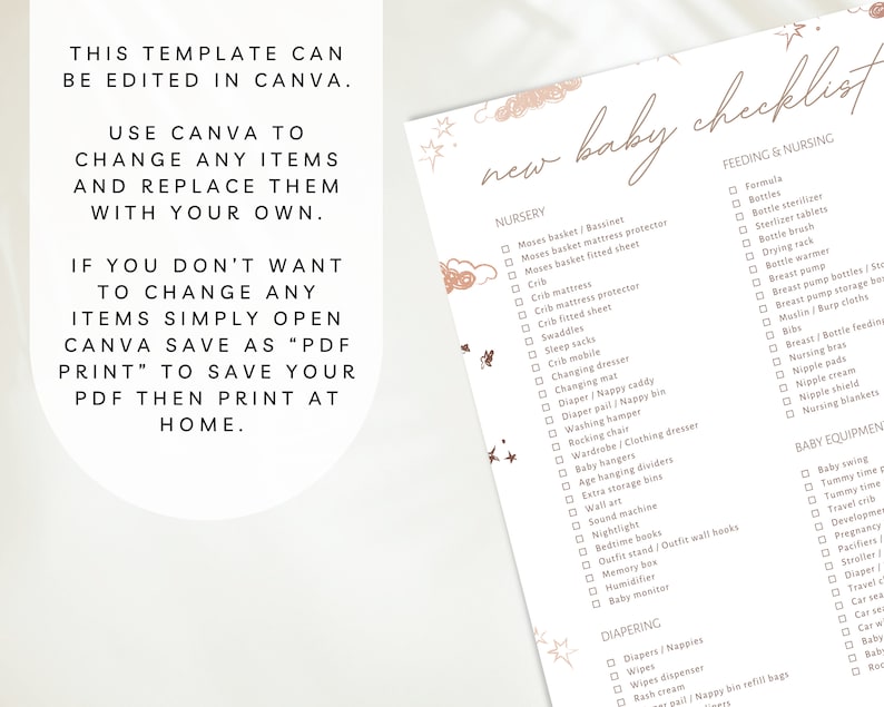 May include: A printable checklist for new parents with a pink and white color scheme. The checklist includes items for the nursery, feeding and nursing, diapering, and baby equipment. The text on the checklist says "new baby checklist".