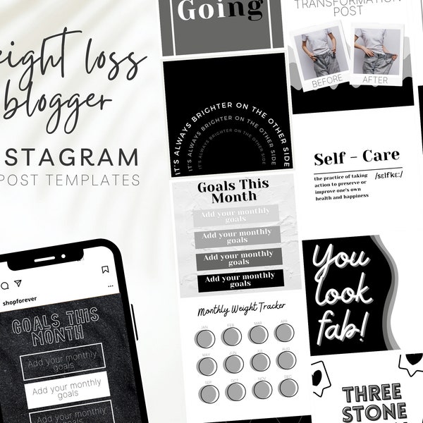 Black weight loss tracker instagram template, Instagram blogger weight loss journal, fitness blogger engagement, digital recipe cards, BB8