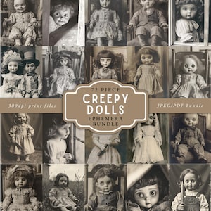 Puede incluir: Un collage de imágenes vintage en blanco y negro de muñecas antiguas. Las muñecas visten ropa de época y tienen expresiones inquietantes. El gráfico central dice "72 Piece Creepy Dolls Ephemera Bundle."