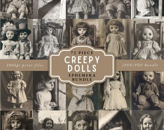 Creepy Dolls Gothic Junk Journal Pages, Gothic Dolls Ephemera, Haunted House vintage pages, creepy dolls artist trading cards, weird vintage
