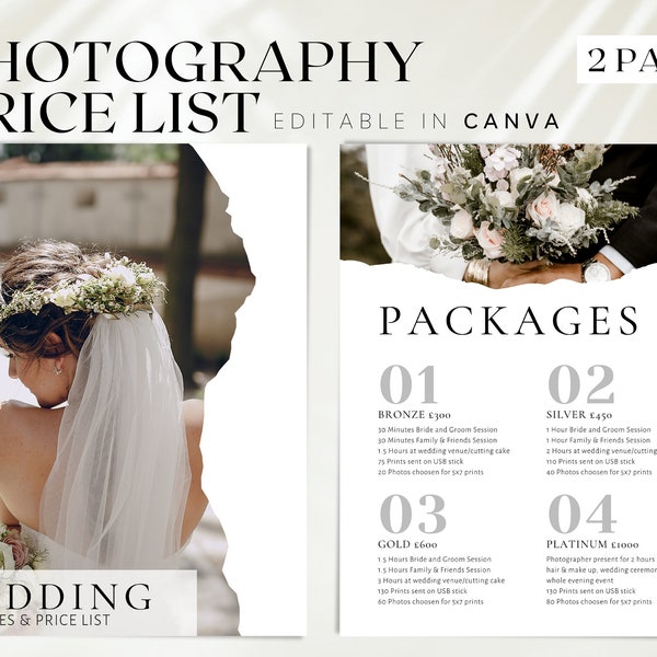 Editable Wedding Photoshoot price list, Wedding Photography Pricing guide, Wedding pricing list, Minimal Photography package guide, BB67