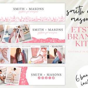 Pink flower Etsy Shop branding starter kit, Pink Etsy branding kit, Simple Editable Etsy business banner template, Etsy carousel set, BB33