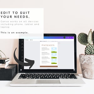 May include: A laptop computer displaying a Canva design template with the word "PACKAGES" in a brown and gold font. The design includes a light blue sky with white clouds and a green field. The laptop is on a white surface with a cactus plant in a pot to the right.