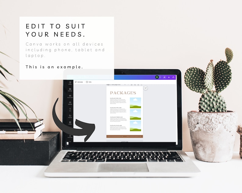 May include: A laptop computer displaying a Canva design template with the word "PACKAGES" in a brown and gold font. The design includes a light blue sky with white clouds and a green field. The laptop is on a white surface with a cactus plant in a pot to the right.