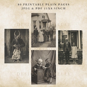 Puede incluir: Una impresi&oacute;n digital en tonos sepia con im&aacute;genes vintage de Halloween. Las im&aacute;genes incluyen una figura de diablo con un ni&ntilde;o, figuras con m&aacute;scaras de calavera y un payaso con un ni&ntilde;o. El texto en la parte superior dice "80 PRINTABLE PLAIN PAGES JPEG & PDF 11X8.5INCH."