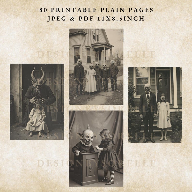 Puede incluir: Una impresi&oacute;n digital en tonos sepia con im&aacute;genes vintage de Halloween. Las im&aacute;genes incluyen una figura de diablo con un ni&ntilde;o, figuras con m&aacute;scaras de calavera y un payaso con un ni&ntilde;o. El texto en la parte superior dice "80 PRINTABLE PLAIN PAGES JPEG & PDF 11X8.5INCH."